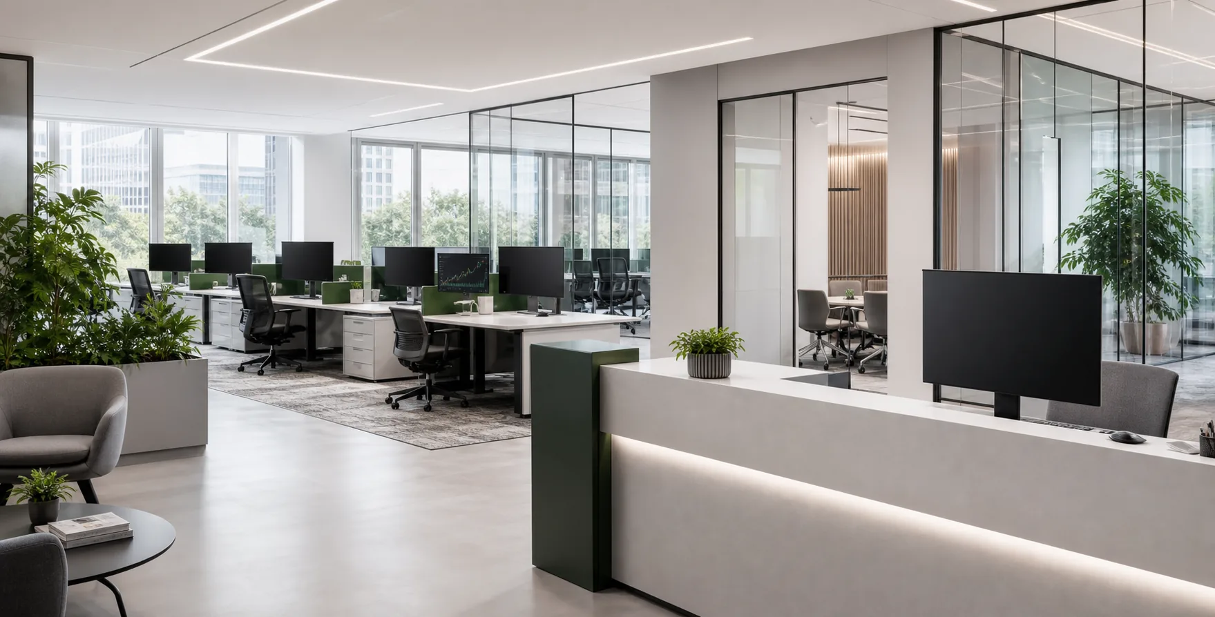 Modern office and reception workspace with privacy-focused monitor use